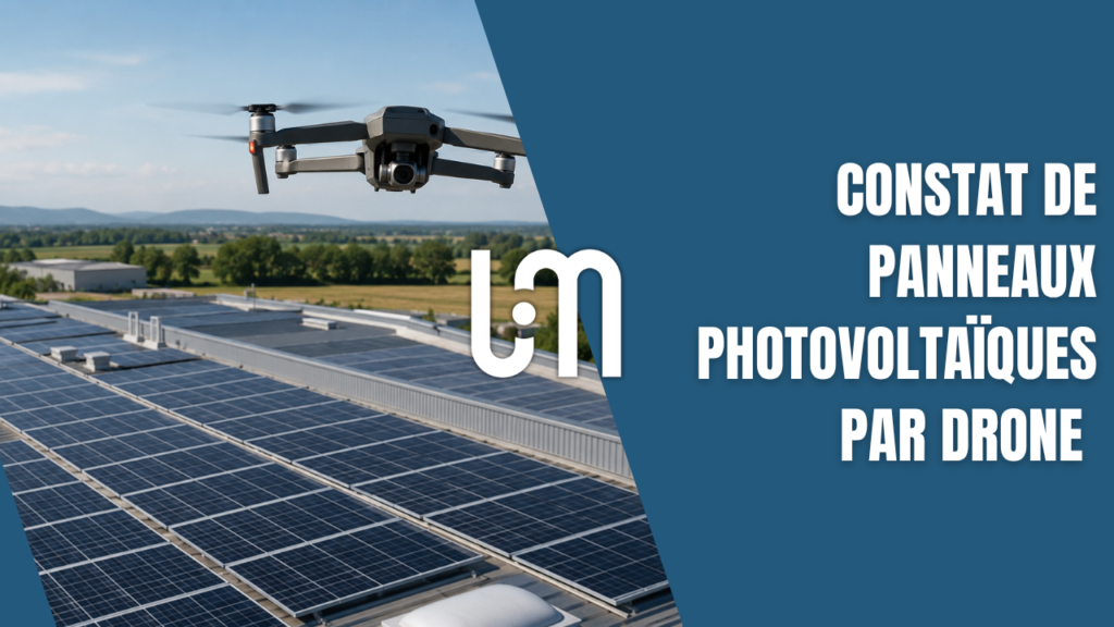 Drone inspectant une installation photovoltaïque dans le cadre d'un constat de commissaire de justice