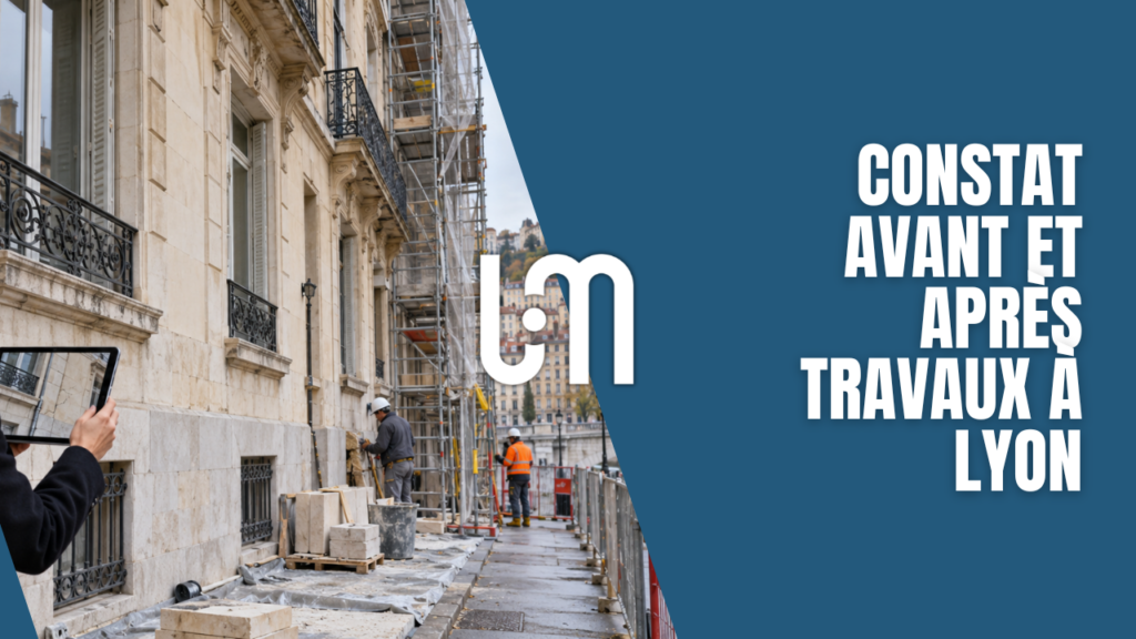 Commissaire de justice documentant une façade fissurée près d’un chantier à Lyon