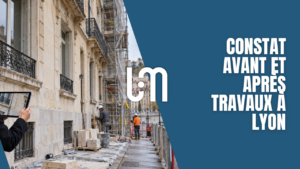 Commissaire de justice documentant une façade fissurée près d’un chantier à Lyon